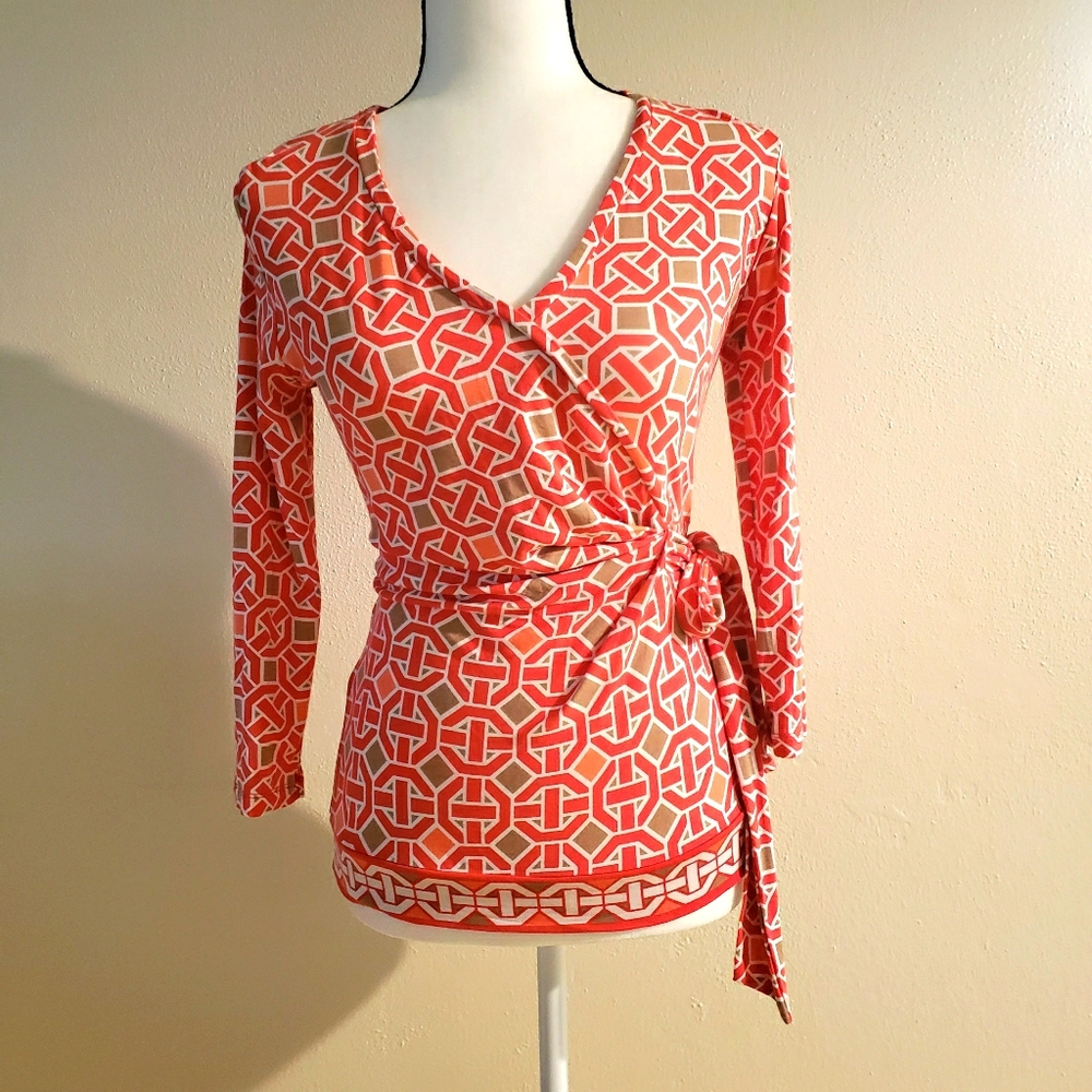 New York & Co Orange Patterned Blouse XS - Picture 1 of 3